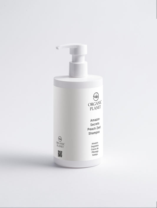 White shampoo bottle with pump labeled 'Organic Planet' on a light gray background