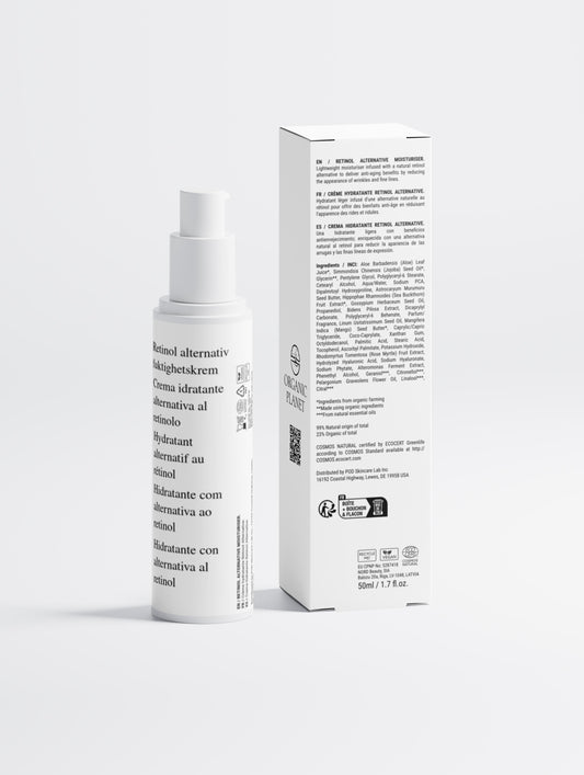 Skincare bottle and box on a white background. Retinol Alternative Moisturizer.