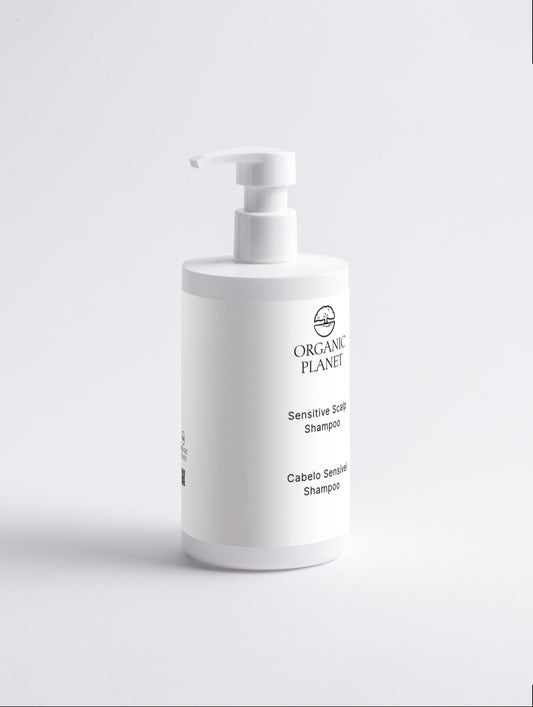 White shampoo bottle with pump labeled 'Organic Planet' on a light gray background