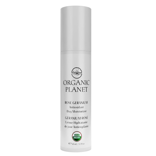 ROSE GERANIUM Antioxidant Day Moisturizer – lightweight daily moisturizer with organic Vitamin C and antioxidants to hydrate, protect, and boost collagen.